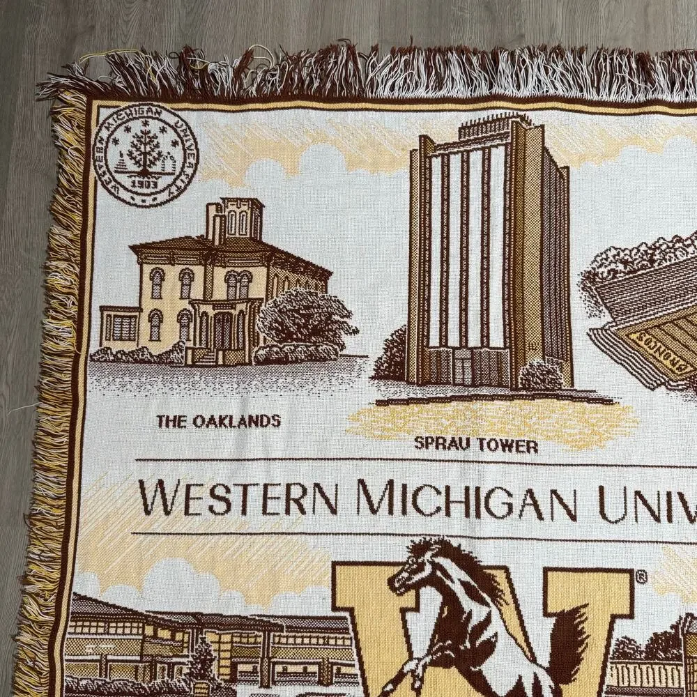 Vintage Western Michigan University Broncos Woven Tapestry Throw Blanket 60x44